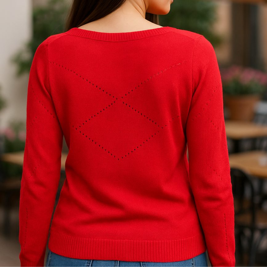 Red Knit Sweater with Dot Pattern