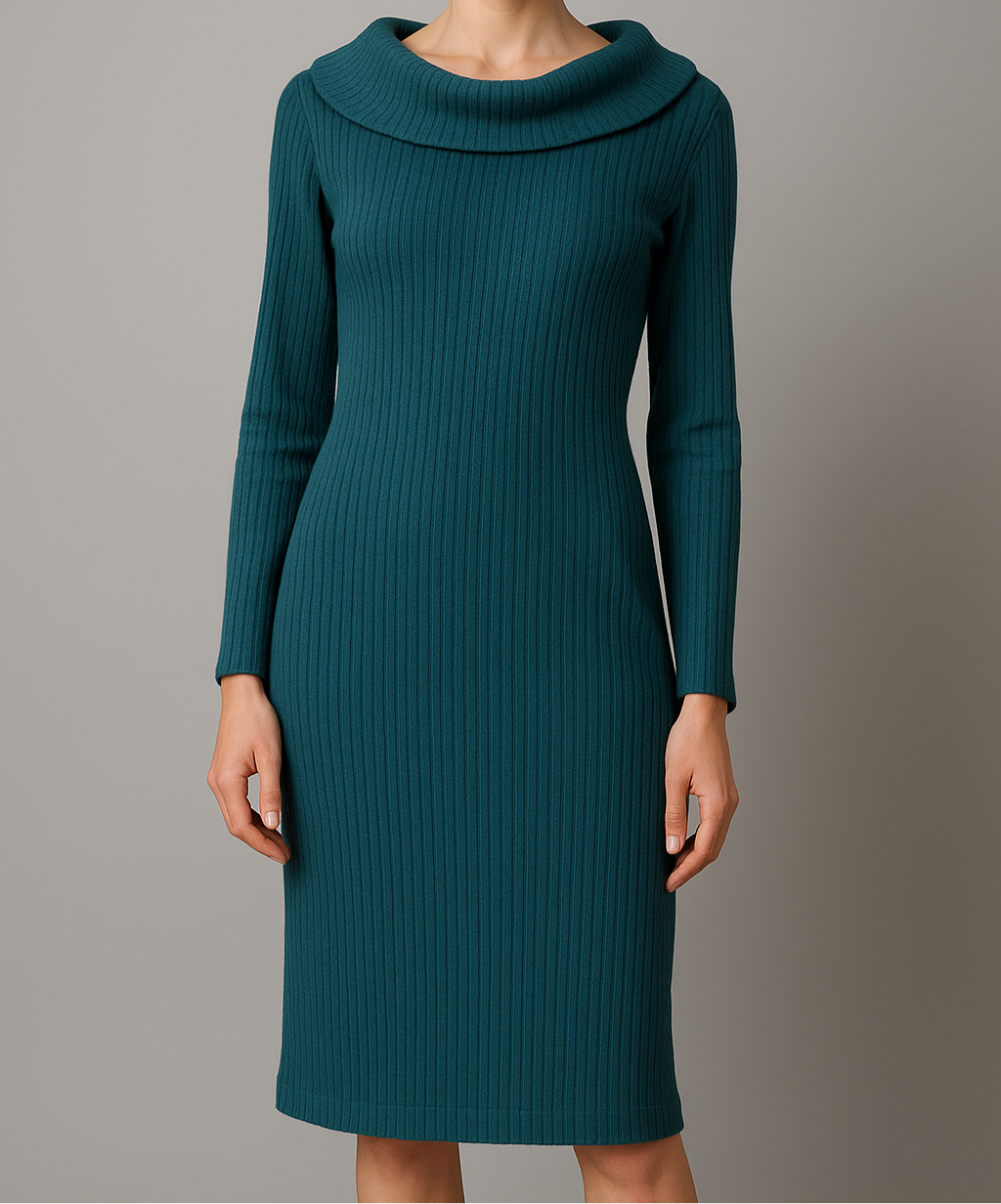 Ribbed Cowl Emerald Neck Dress