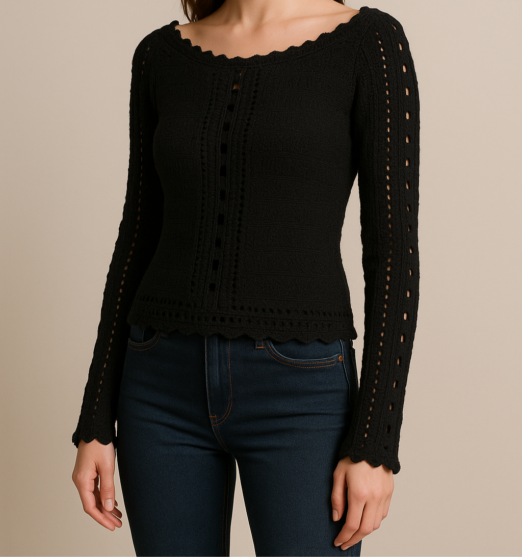 Black Crochet Long Sleeve Top