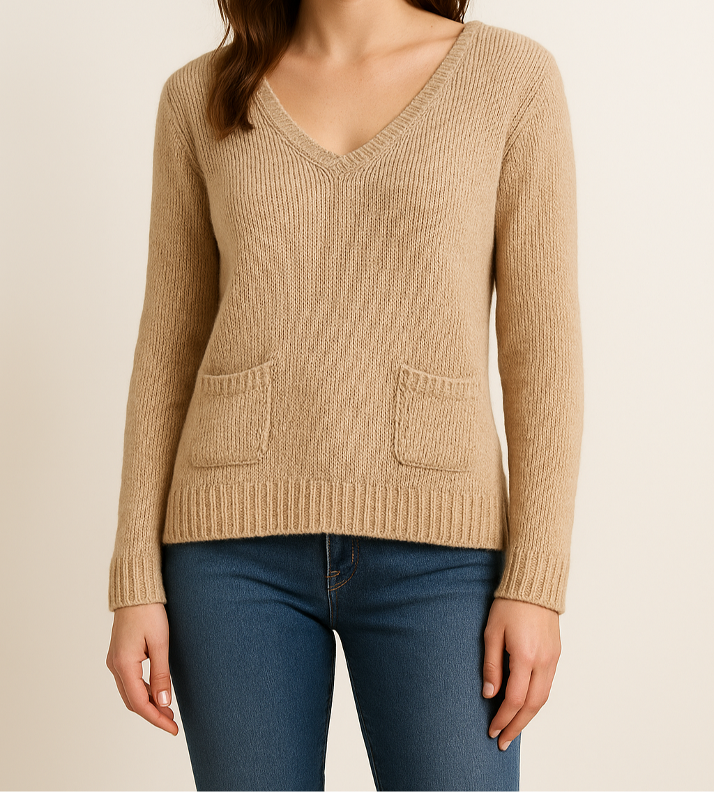 Cozy Beige Knit V-Neck Sweater