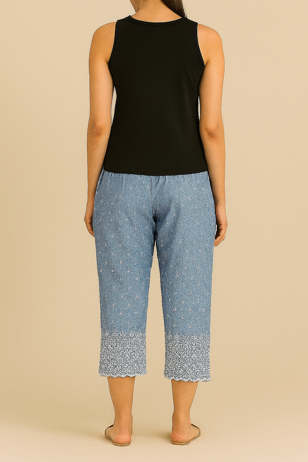 Blue Embroidered Cotton Capri Pants
