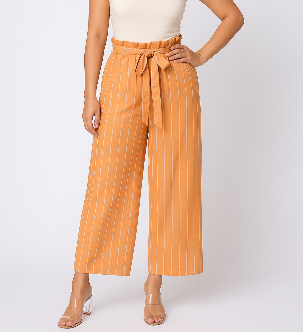 High-Waisted Wide-Leg Striped Pants with Tied Waist