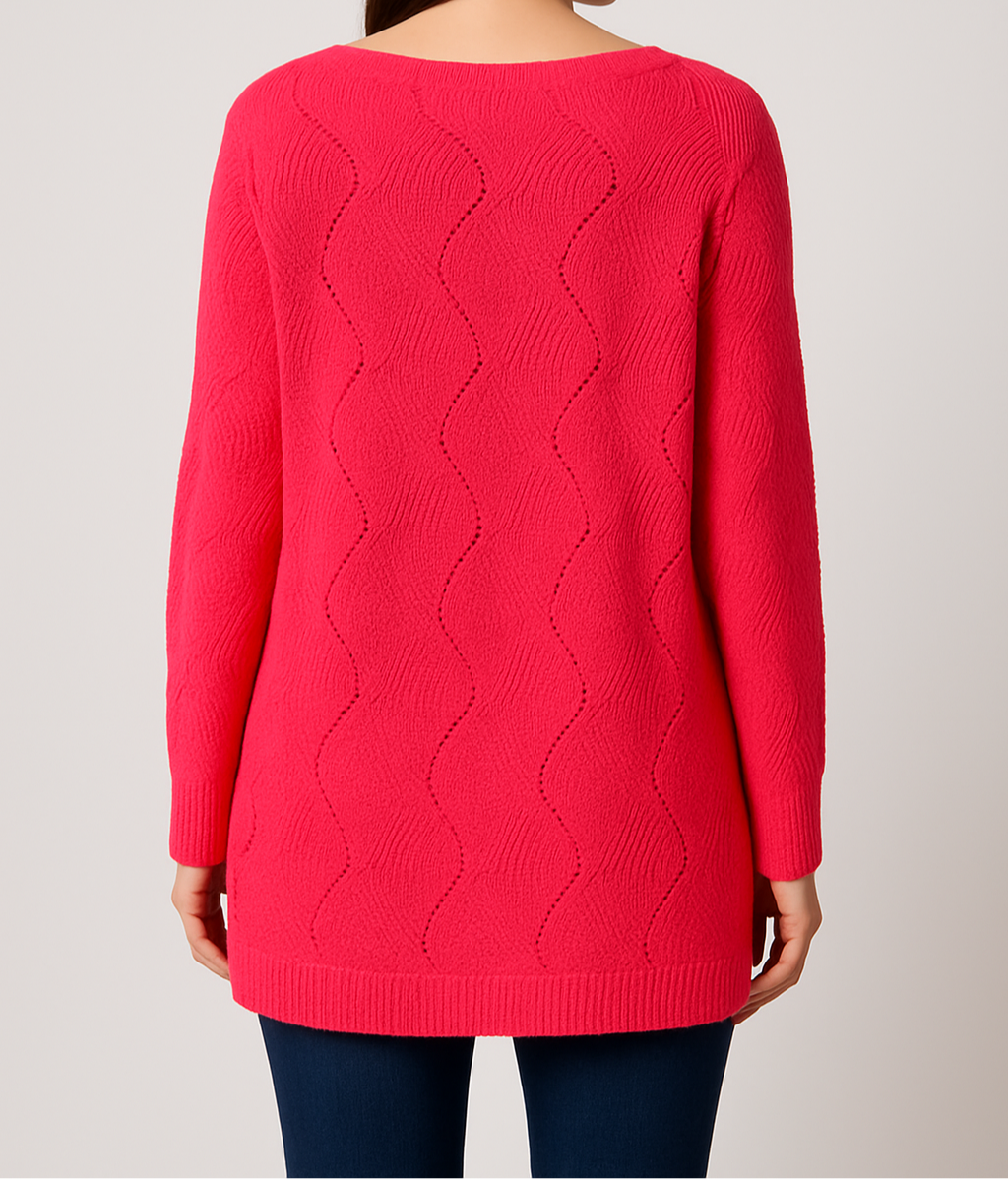 Wavy Knit Long-Sleeve Sweater in Bright Pink  Description: