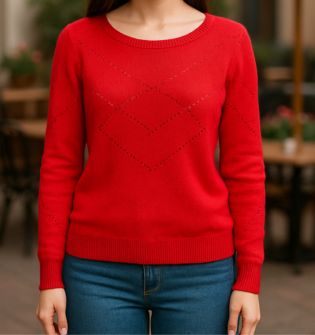 Red Knit Sweater with Dot Pattern
