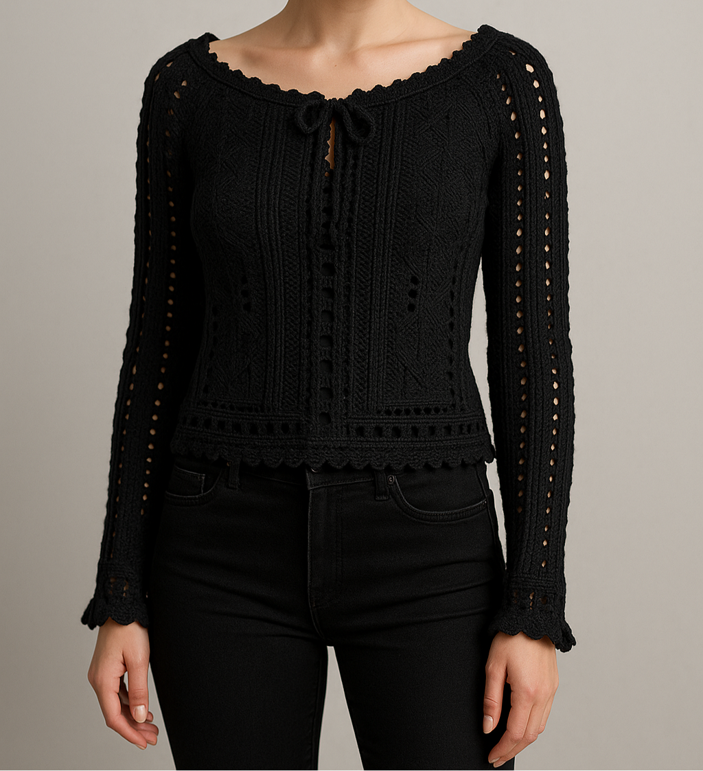 Black Crochet Long Sleeve Top