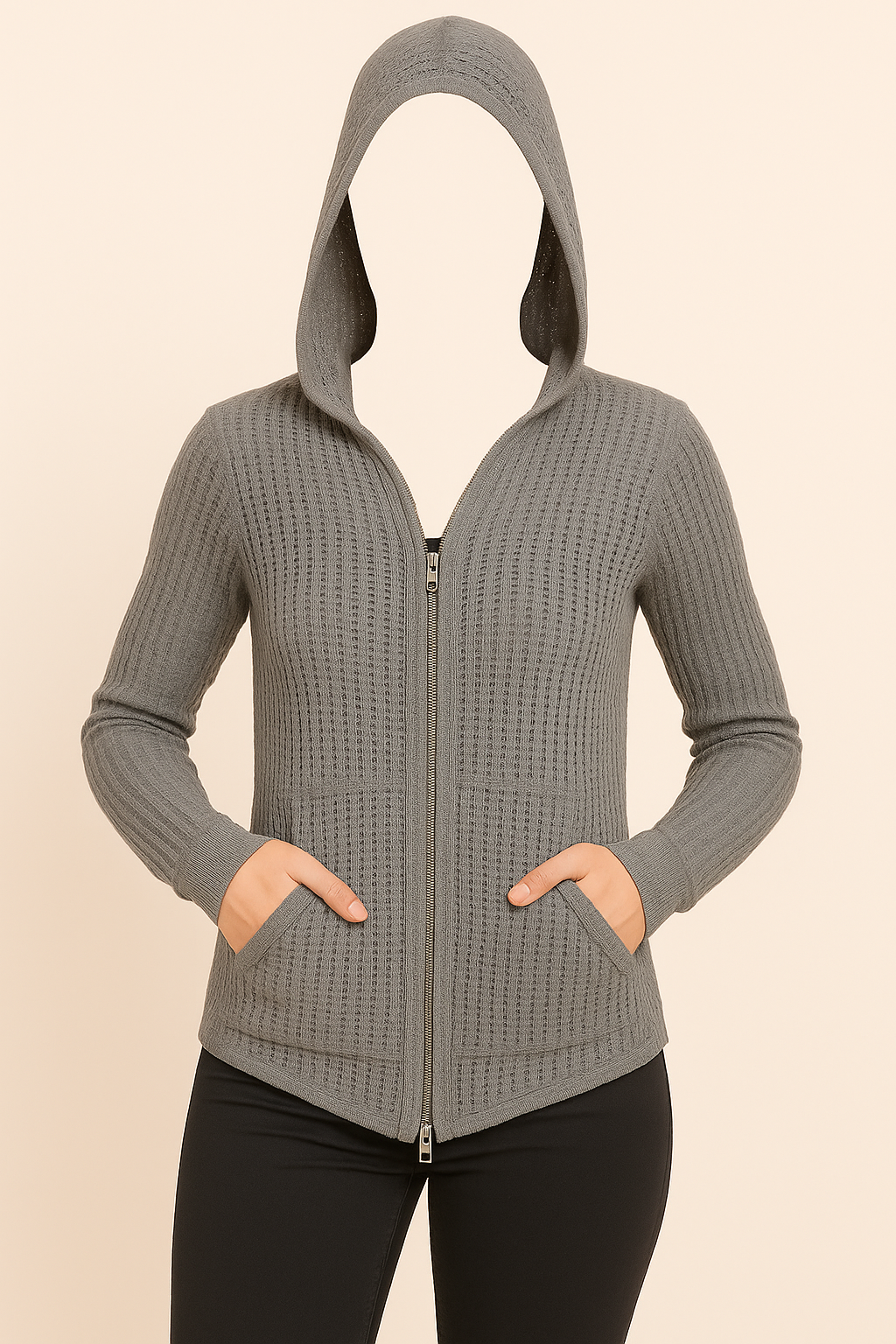 Grey Zip-Up Hooded Knit Sweater