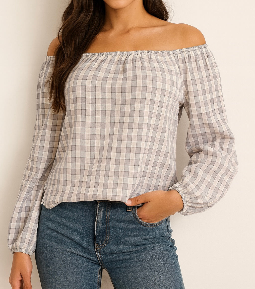 Off-Shoulder Checkered Top