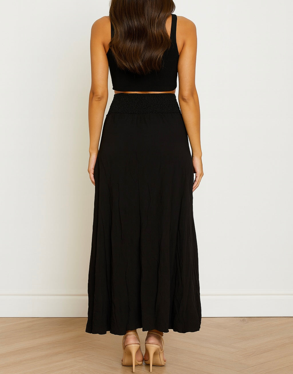 Smocked Waist Flowy Slit Maxi Skirt