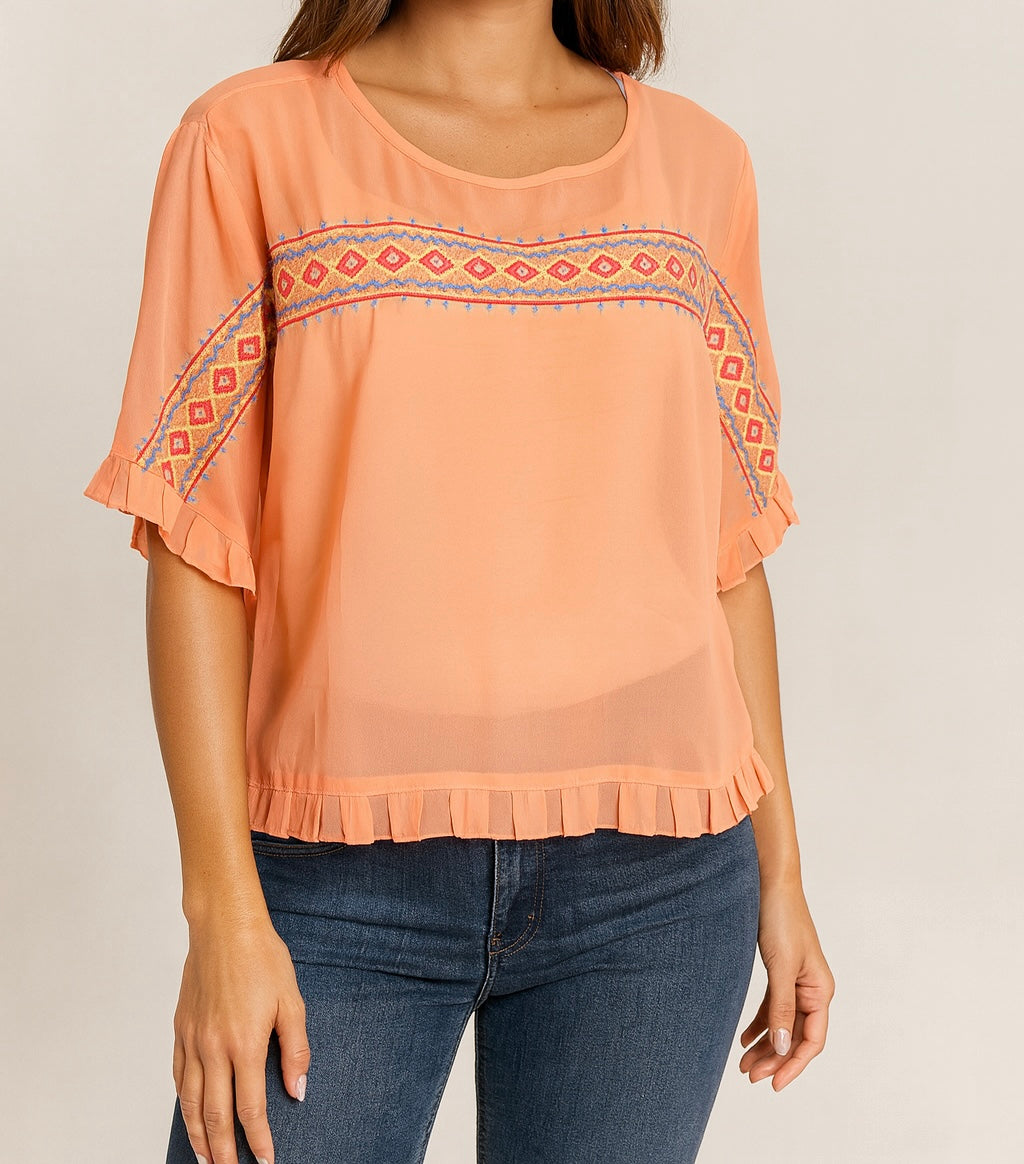 Embroidered Ruffle Hem Blouse