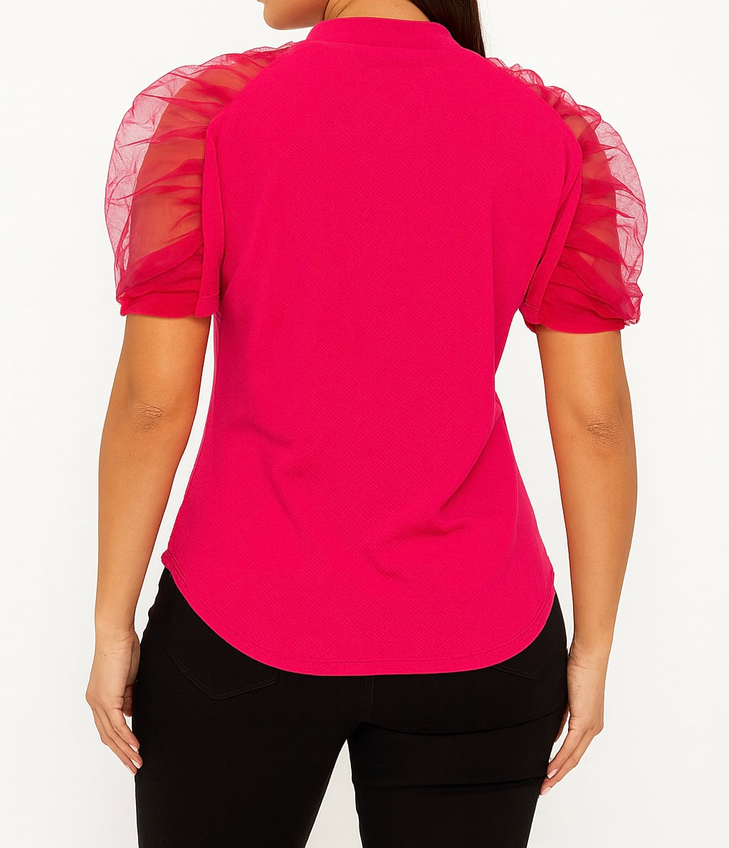 Mesh Puff Sleeve Casual Top