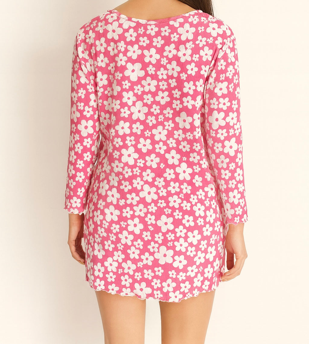 Pink Daisy Print Long Sleeve Sleep Shirt