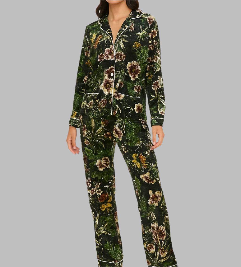 Green Floral Velvet Pajama Set