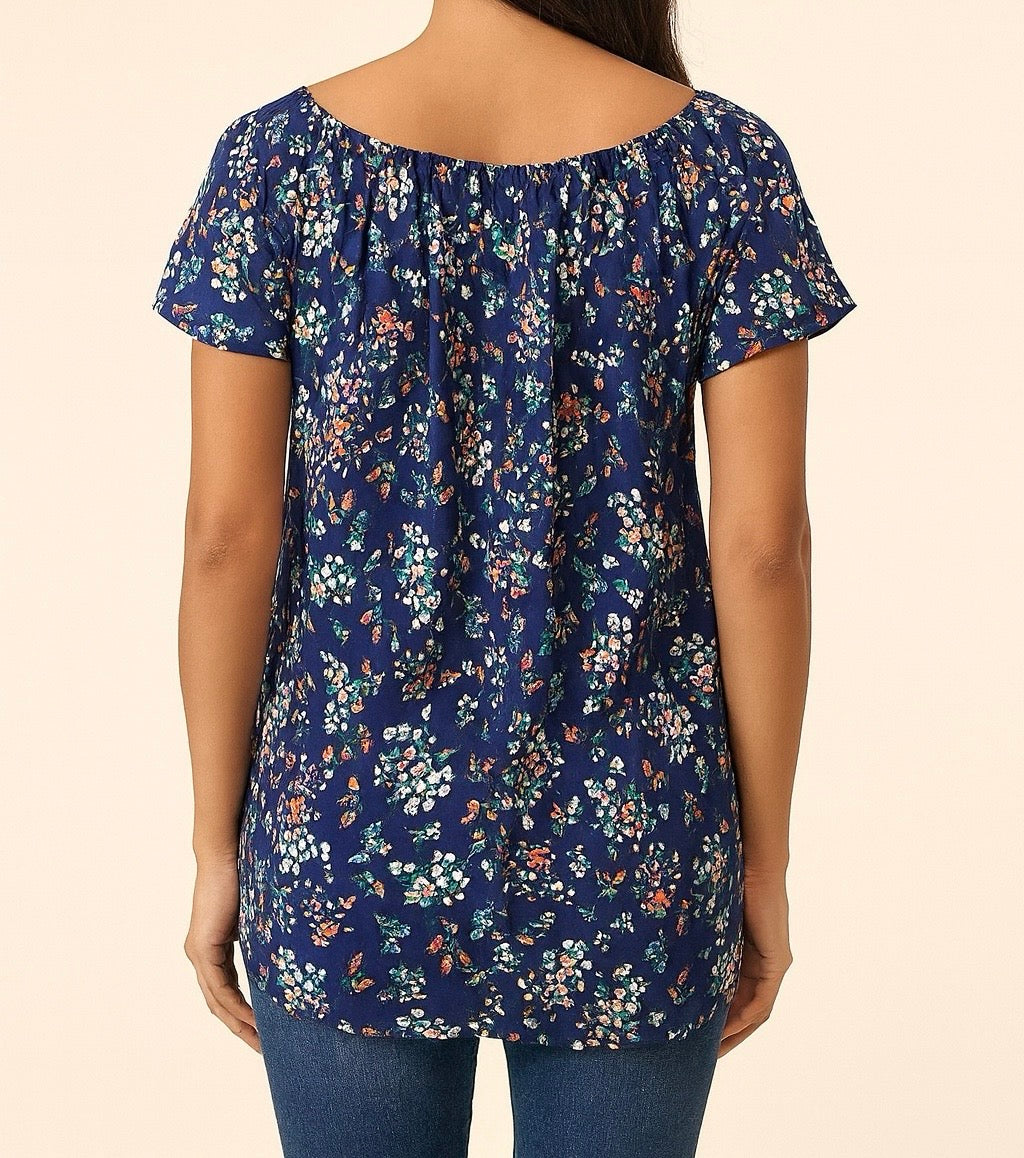 Navy Floral Print Peasant Top