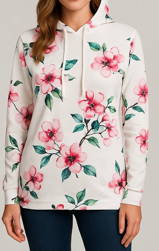Ladies White Floral Hoodie