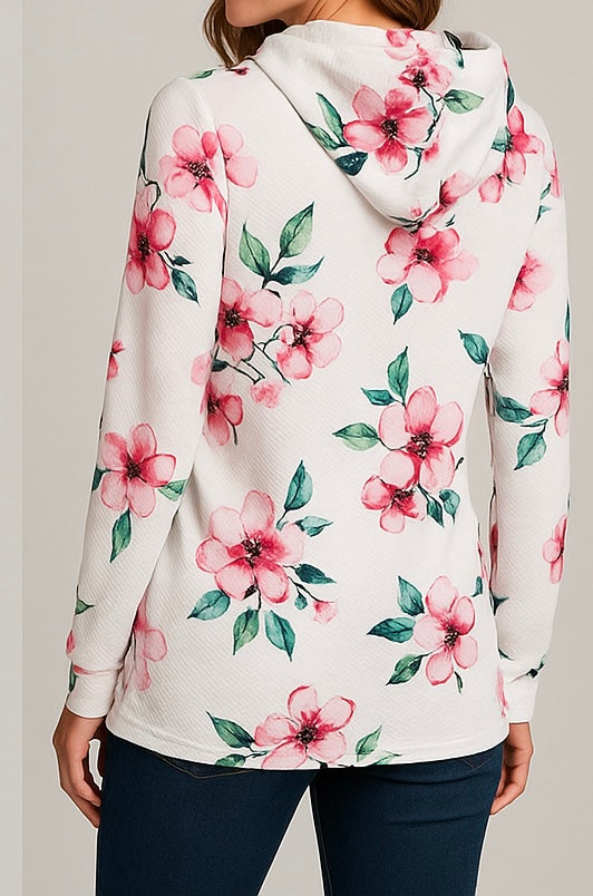 Ladies White Floral Hoodie