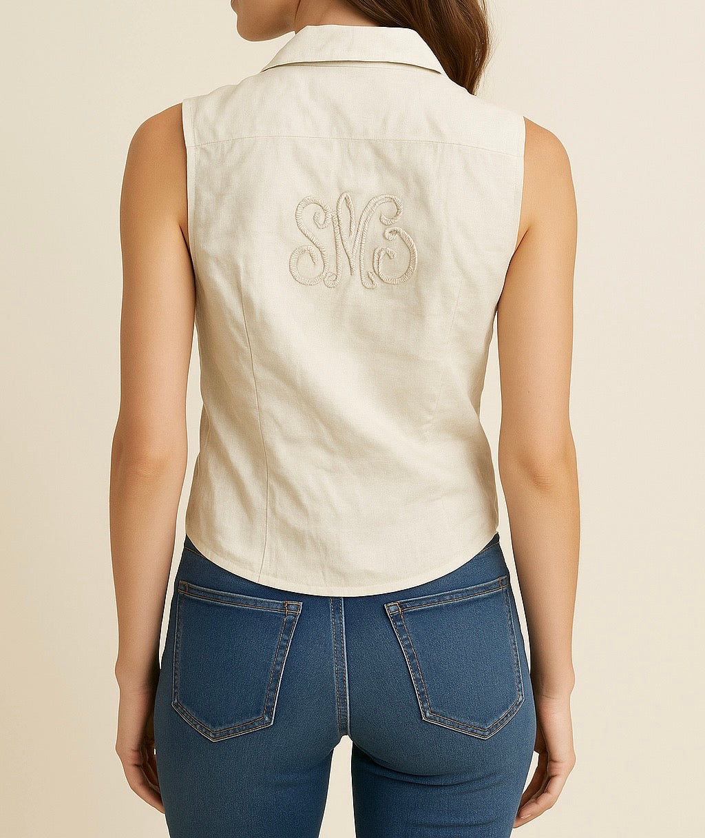 Beige Sleeveless Button-Down Shirt