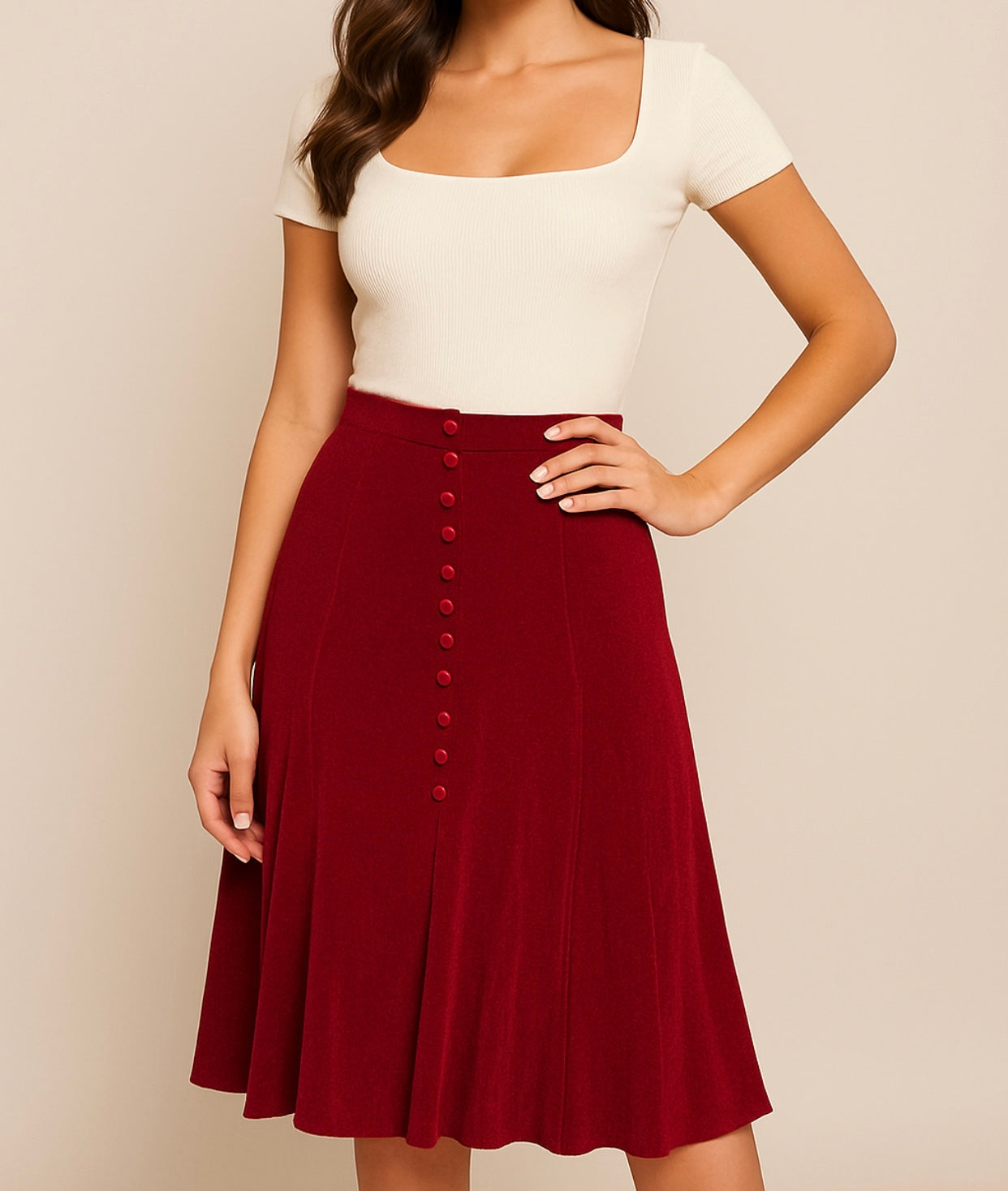 Burgundy Button-Front A-Line Skirt