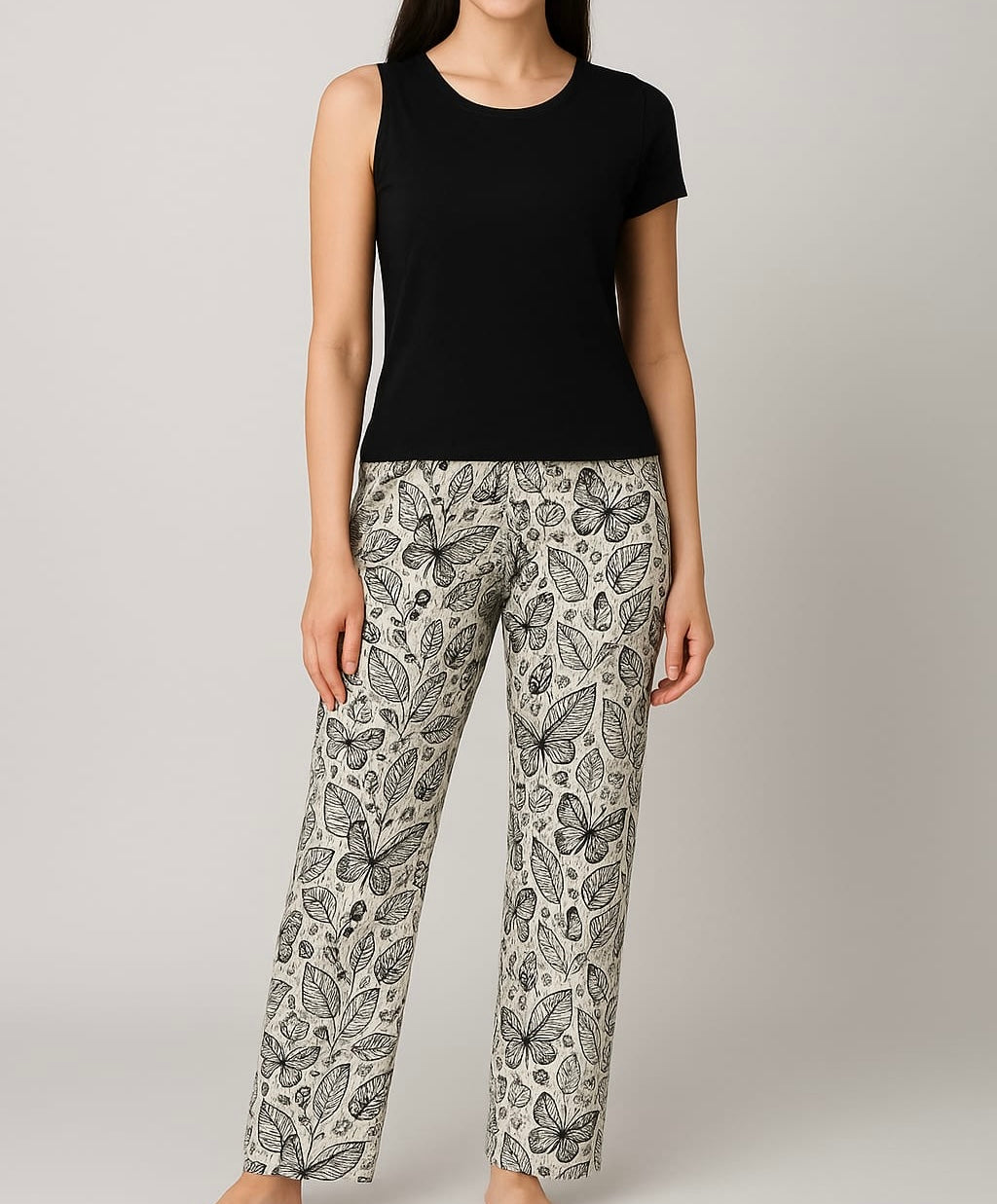 Black & Beige Butterfly Leaf Print Lounge Pants