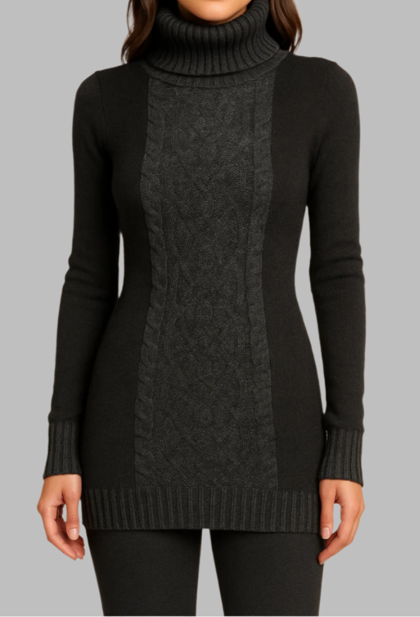 Black and Grey Cable Knit Turtleneck Sweater Dress
