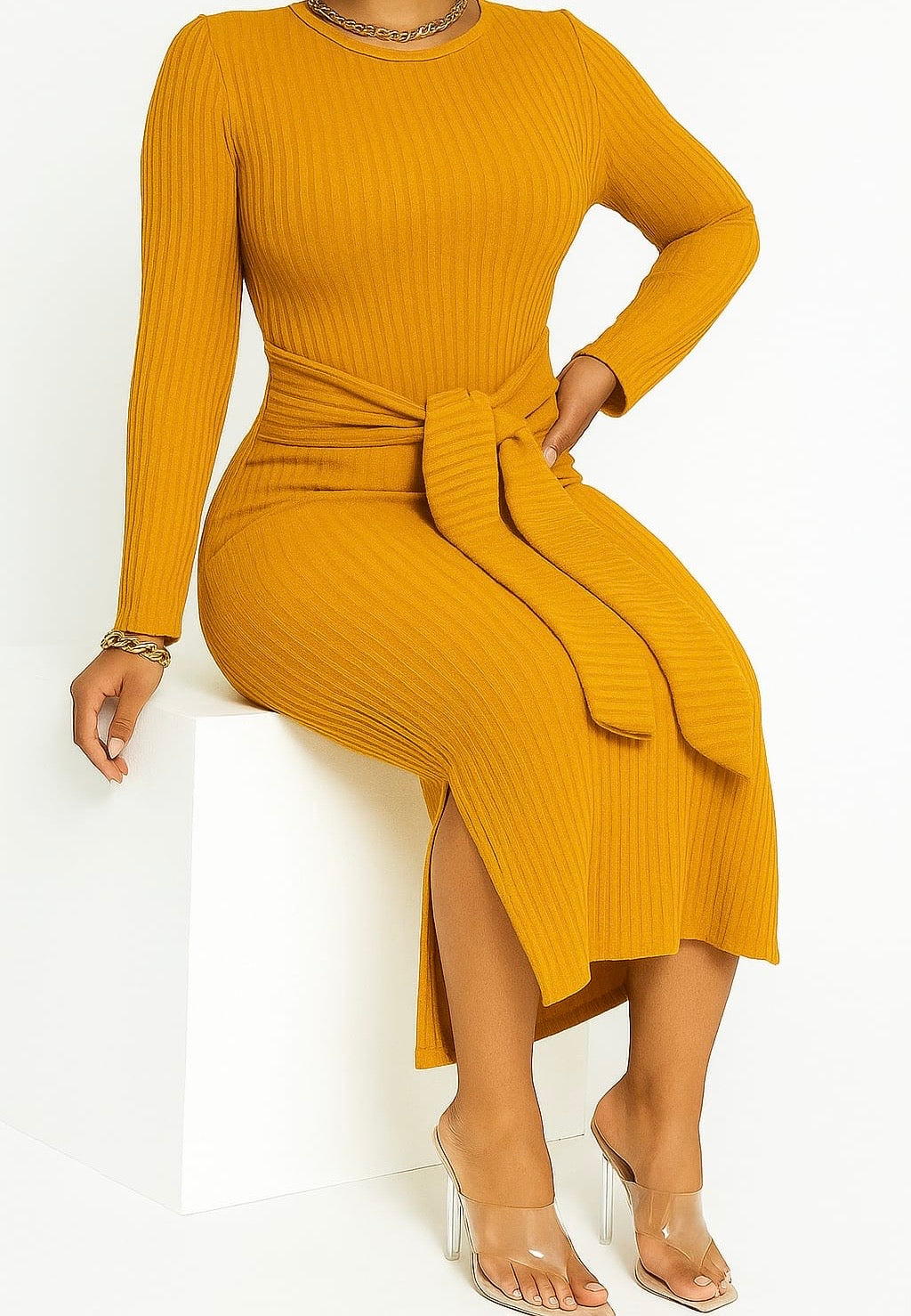 Mustard Ribbed Knit Belted Midi Dress