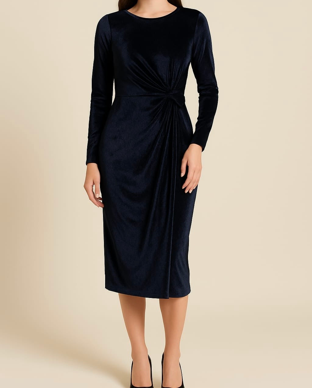 Midnight Black Velvet Knot Midi Dress