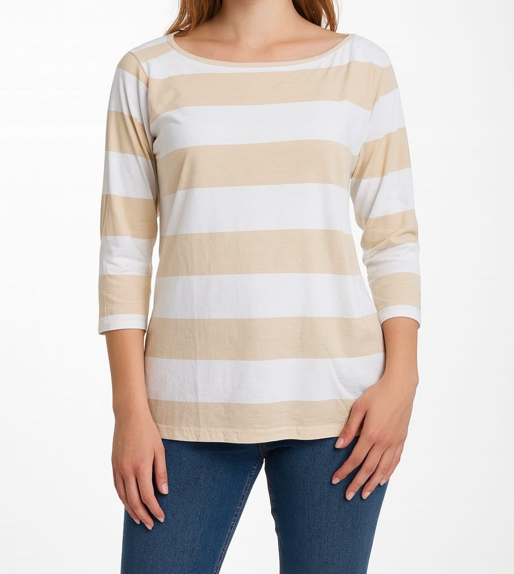 Beige & White Striped 3/4 Sleeve Top