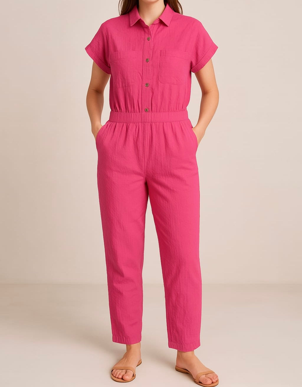Button-Front Collared Jumpsuit