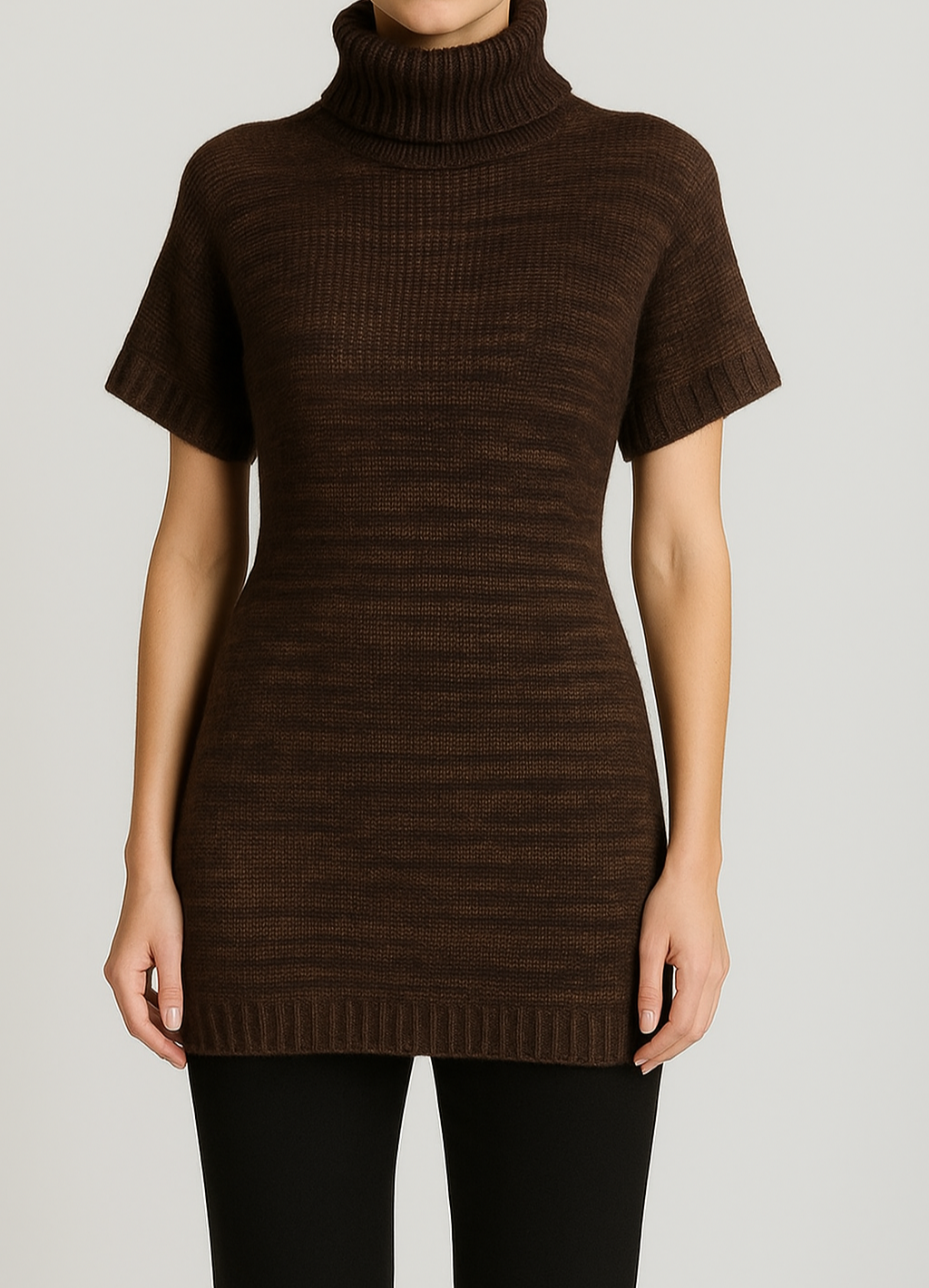 Turtleneck Brown Short Sleeve Knit Dress