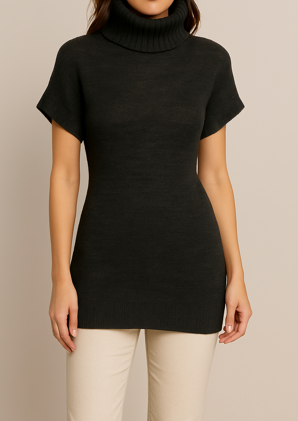 Black Turtleneck Short Sleeve Knit Dress