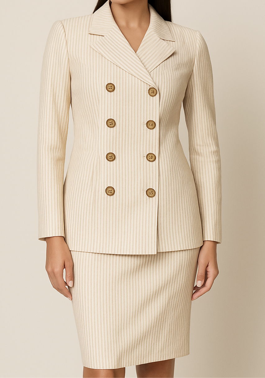 Women's Beige Pinstripe Blazer & Skirt Co-Ord Set – Formal Officewear Suit"