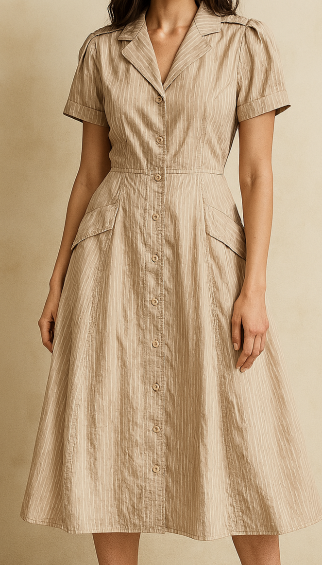 Vintage Beige Button-Down Dress